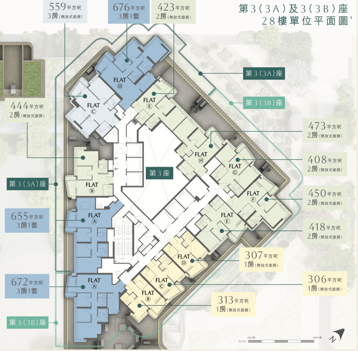 第 3（3A）及 3（3B）座 28 樓單位平面圖，戶型由 306 平方呎一房至 676 平方呎三房一套